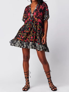 Bohemian Printed Short Sleeve Pocket V Neck Dress