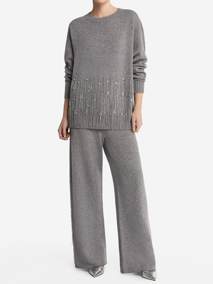 Elegant Fringed Flash Diamond Trim Knit Sweater Suit