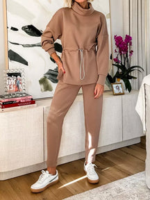 Turtleneck Drawstring Waist Slit Casual Suit