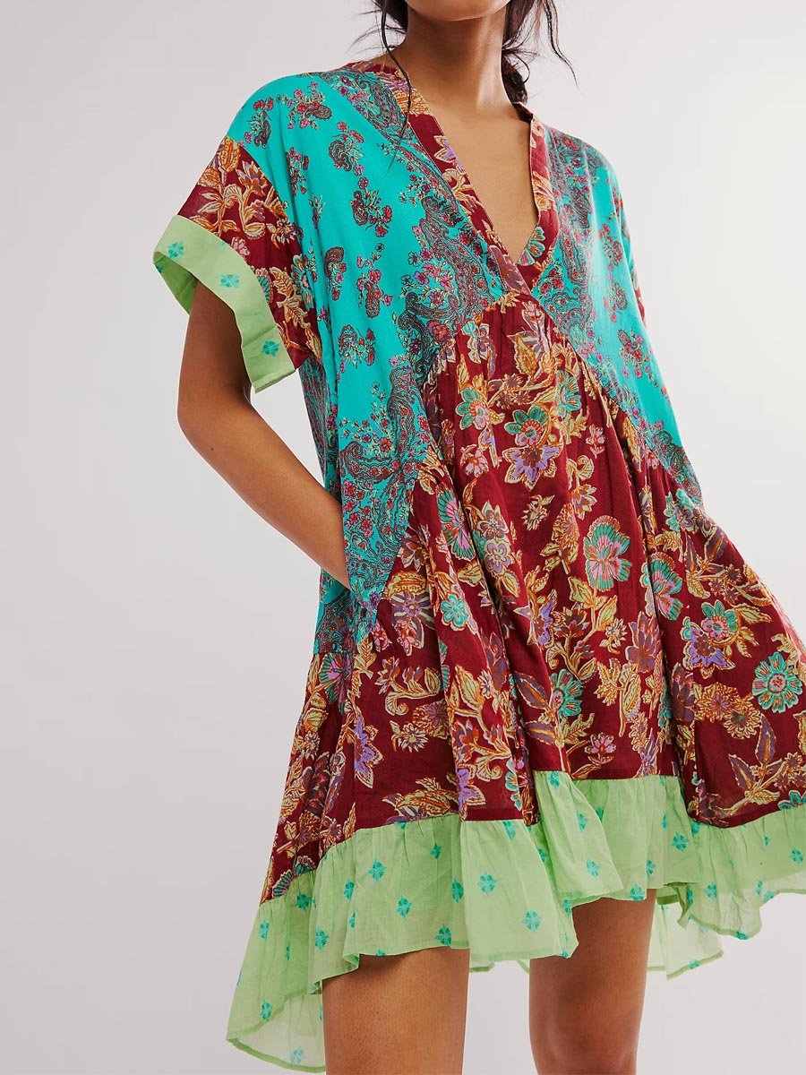 Bohemian Printed Short Sleeve Pocket V Neck Dress