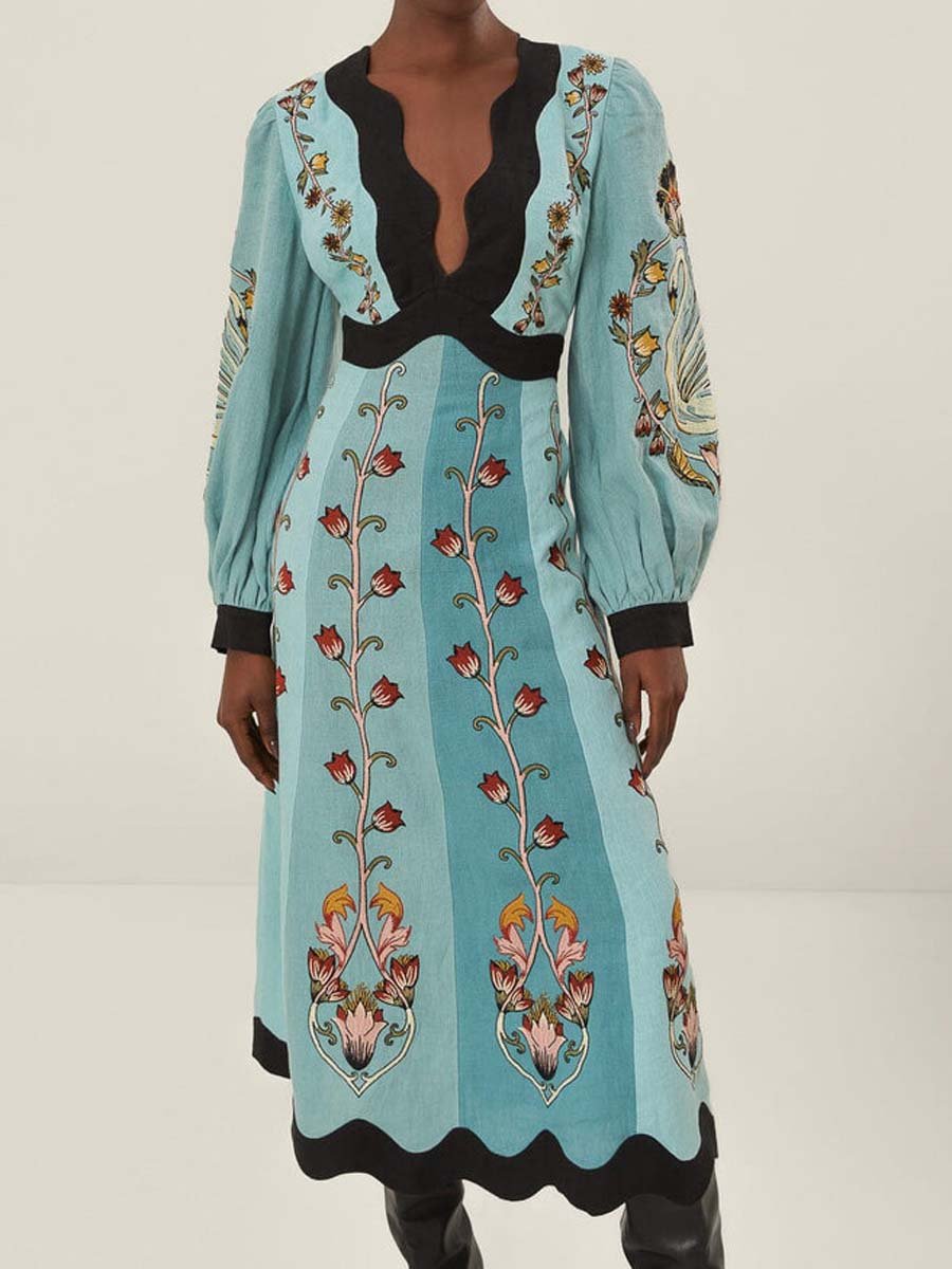 Deep V Neck Printed Backless Long Sleeve Dress