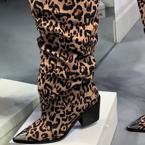 Fashion Pointed Leopard Chunky Heel Boots