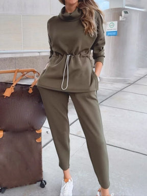 Turtleneck Drawstring Waist Slit Casual Suit