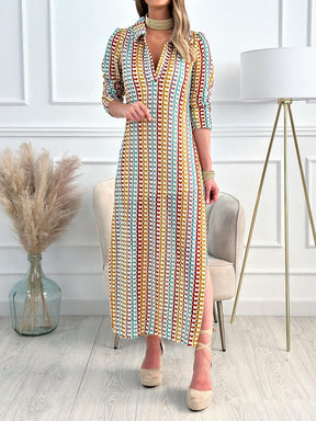 Split Neck Multicolor Shirt Dress