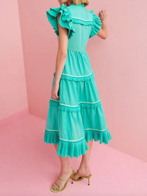 Ruffled Sleeve Lace Up Midi Dress