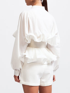 Fashion Stand Collar Belted Ruffled Shirt