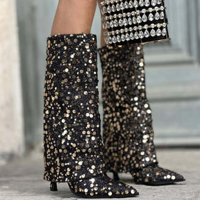 Women's Knee High Fold Over Pointed Toe Boots Glitter Riding Boots