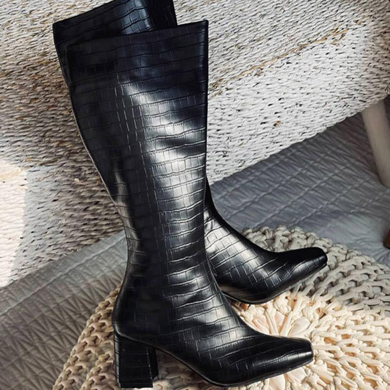 Crocodile Style Square Thick Heel Sexy Women's Boots