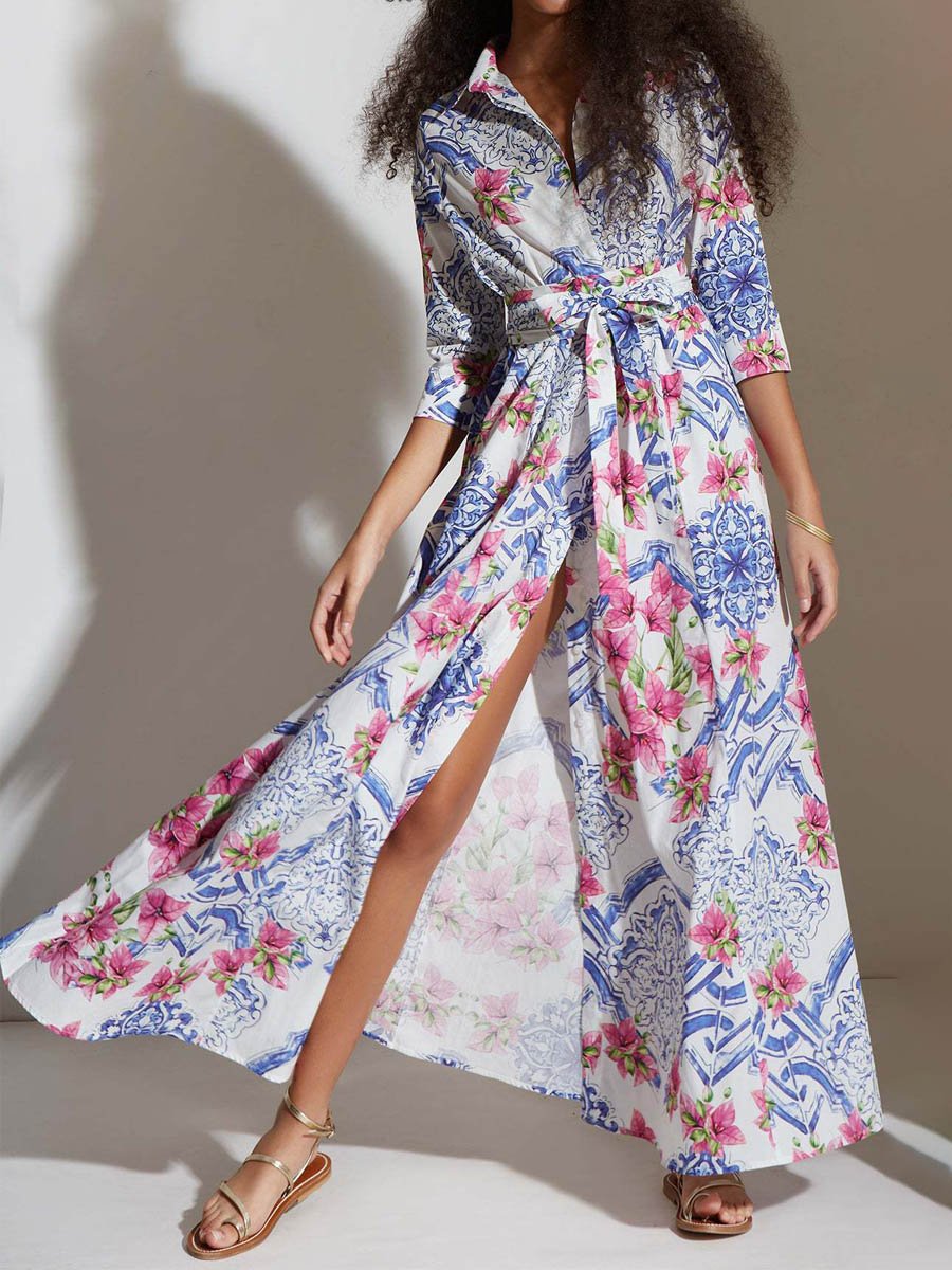 Printed Belt Maxi ShirtDress