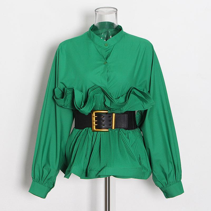 Fashion Stand Collar Belted Ruffled Shirt