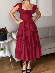 Square NeckRuffled Red Dress