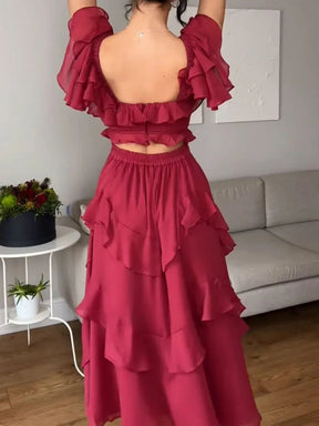 Square NeckRuffled Red Dress