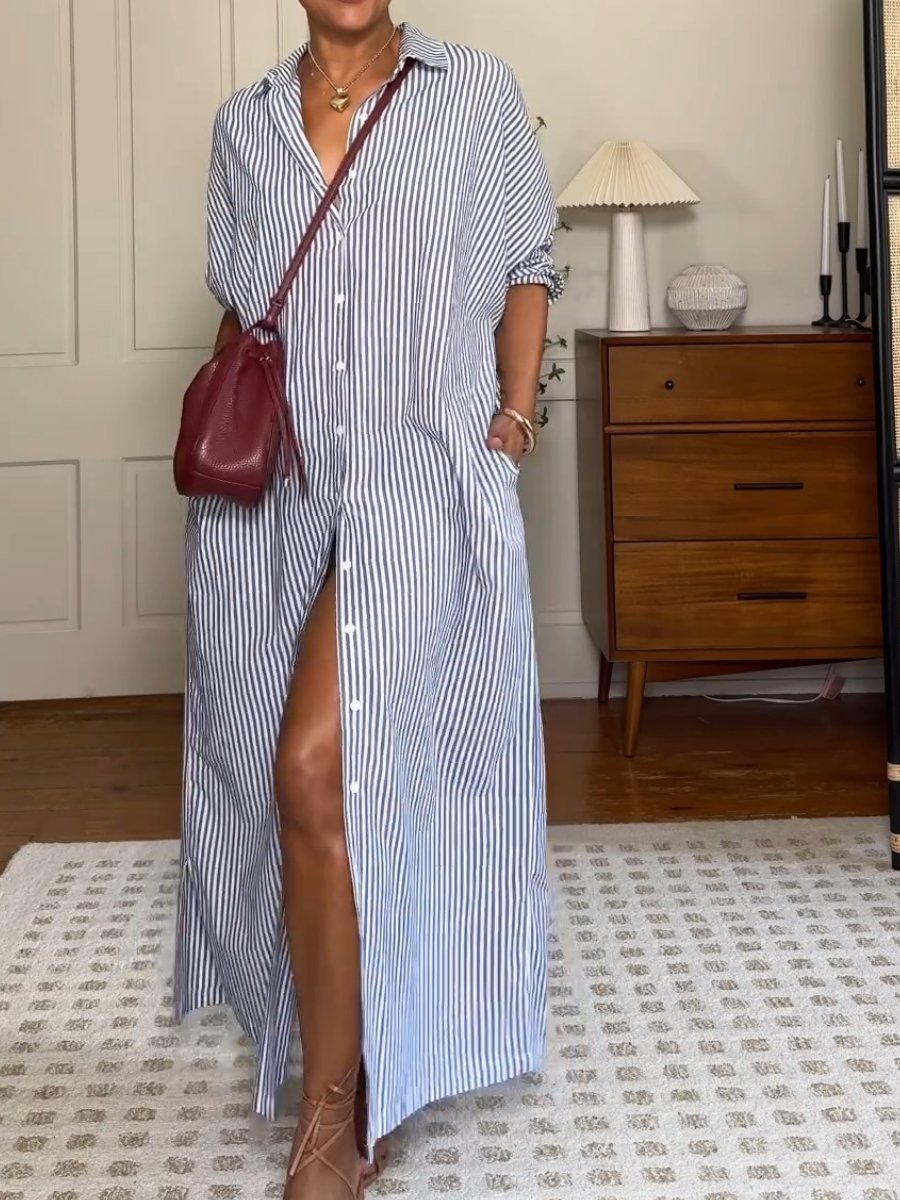 Women's Casual Long Sleeve Button Down Loose Striped Cotton Maxi Shirt Dress