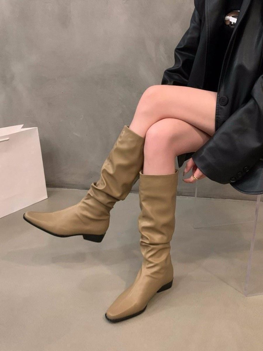 Women's Thick Heel Pleated Long Knight Boots