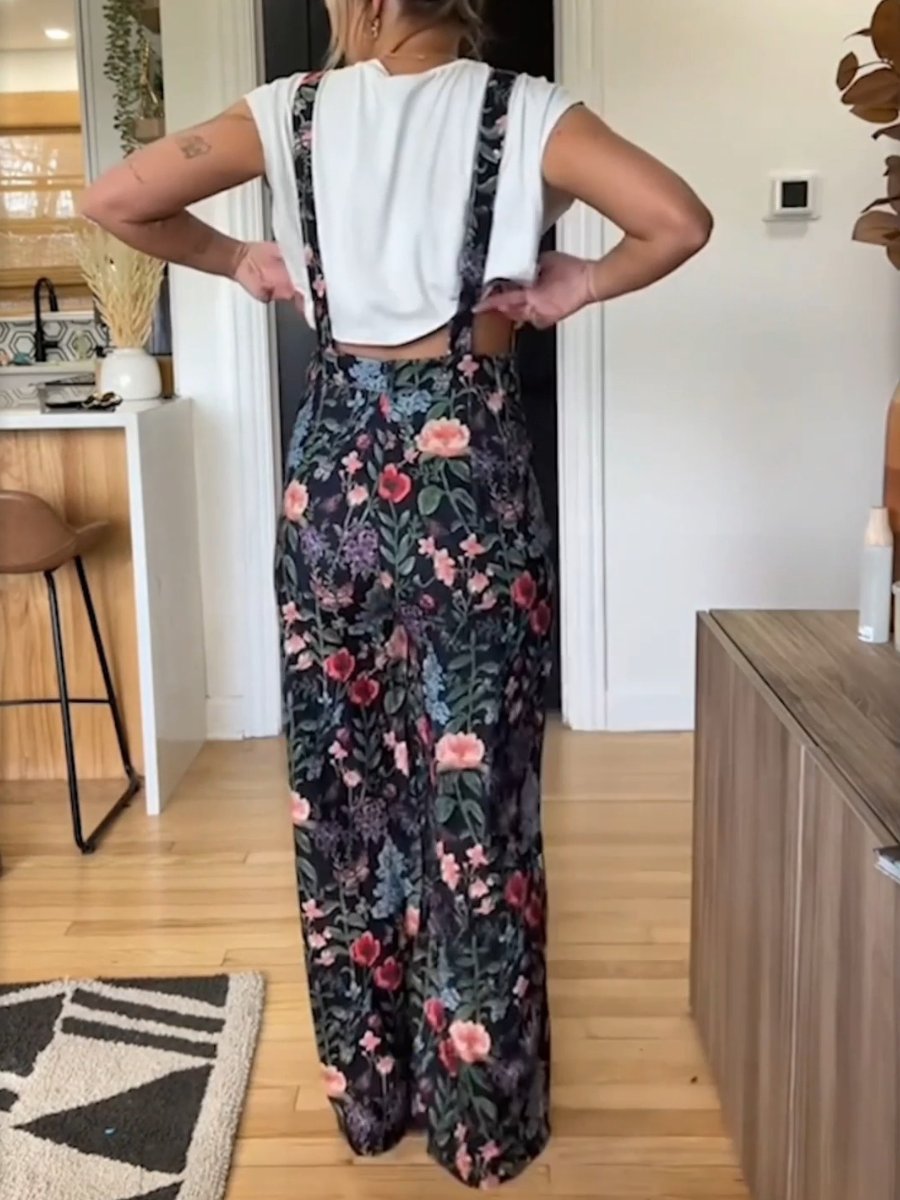 Corduroy Floral Button Wide-leg Jumpsuit