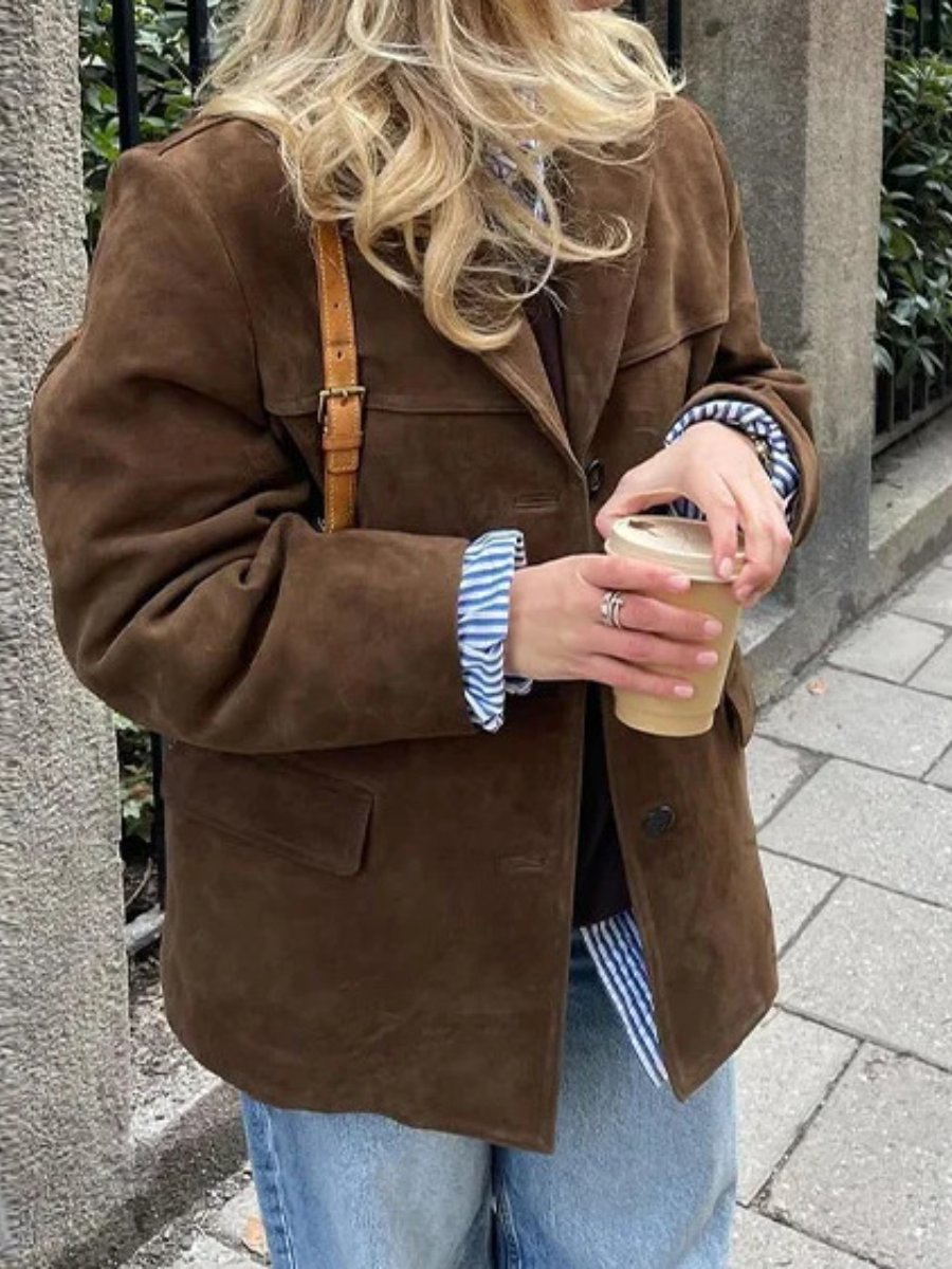 Vintage Brown Lapel Long Sleeve Button Loose Jacket