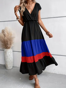 Colorblock Pleated V-Neck Dress