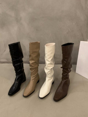 Women's Thick Heel Pleated Long Knight Boots