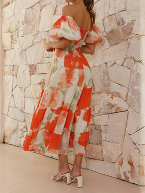 Printed puff sleeve high-end dress