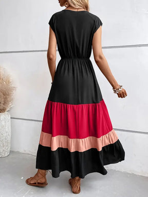 Colorblock Pleated V-Neck Dress