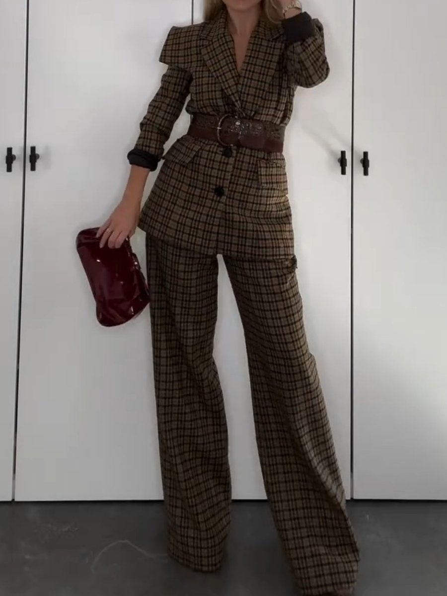 Fashionable Temperament Western Style Plaid Wide-leg Pants Two-Piece Suit