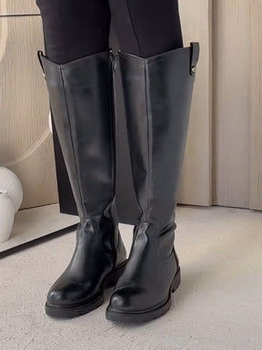 Black Round Toe Thick Heel Slim Knee-high Boots