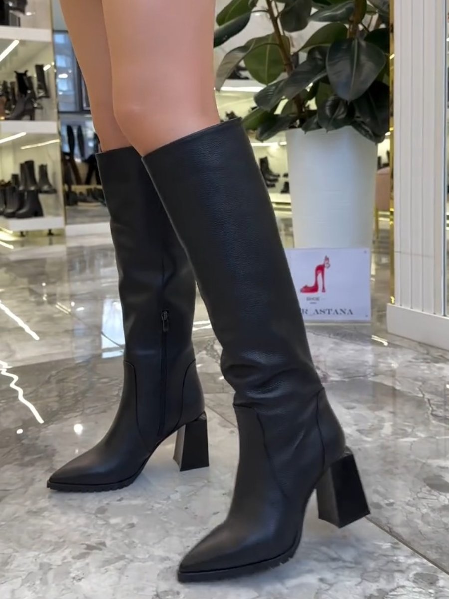 Fashionable and Versatile Cowhide Boots Thick Heel Leather Boots Side Zipper High Boots