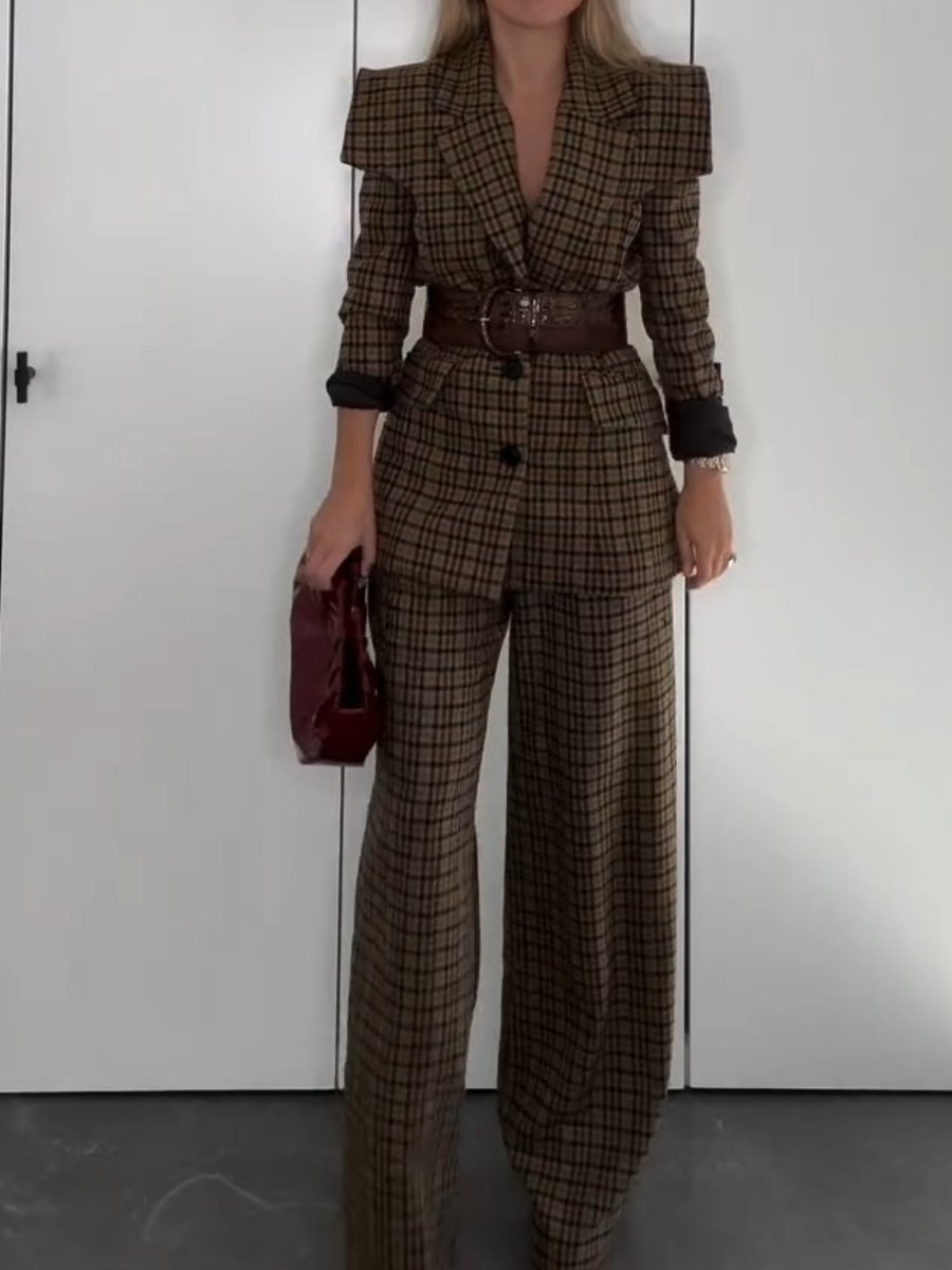 Fashionable Temperament Western Style Plaid Wide-leg Pants Two-Piece Suit