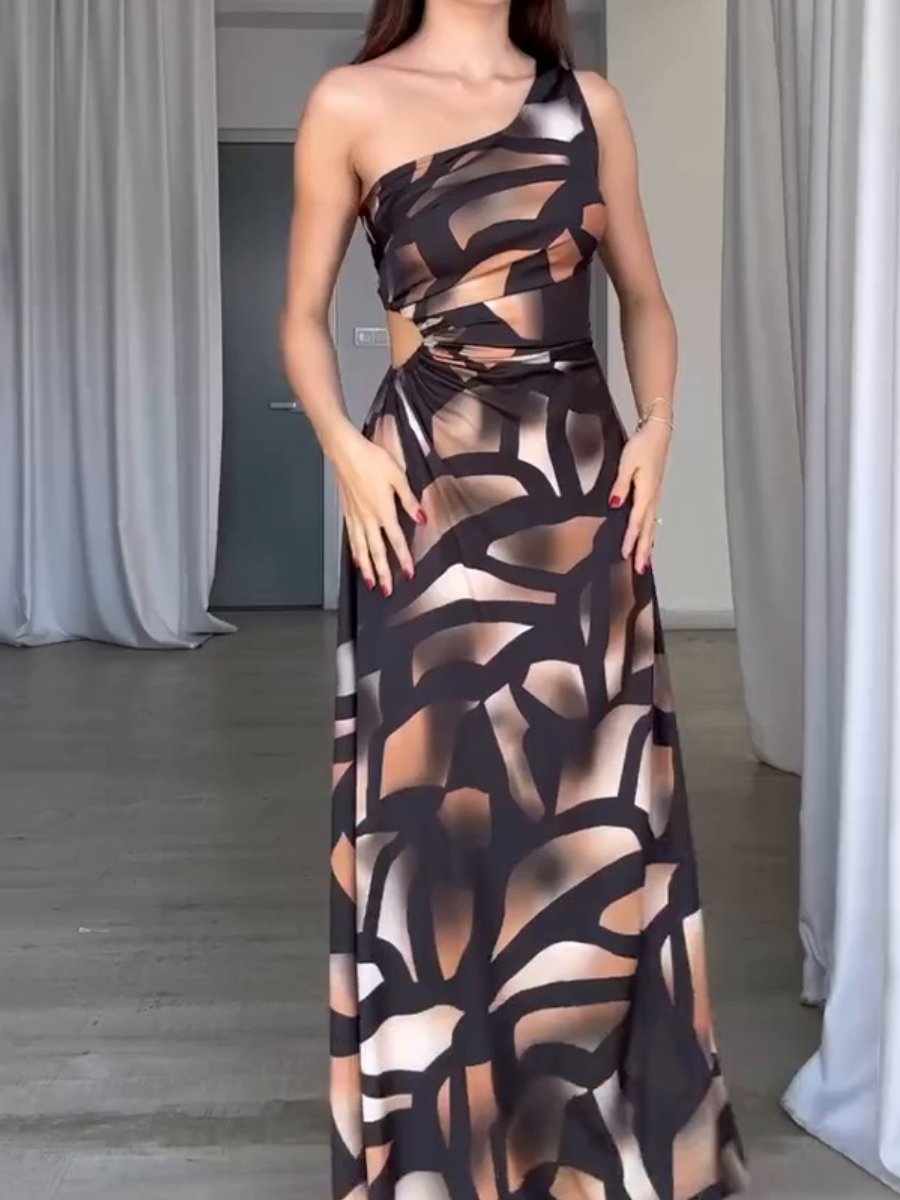 Sleeveless One Shoulder Printed Luxury Design Long Dress