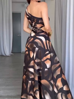 Sleeveless One Shoulder Printed Luxury Design Long Dress