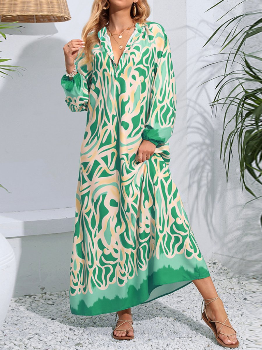 Spring and Autumn pullover V-neck sexy printed long-sleeved dress with large hem