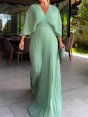 Solid Color V-neck Bat-Sleeve High-Waist Dress