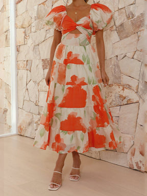 Printed puff sleeve high-end dress