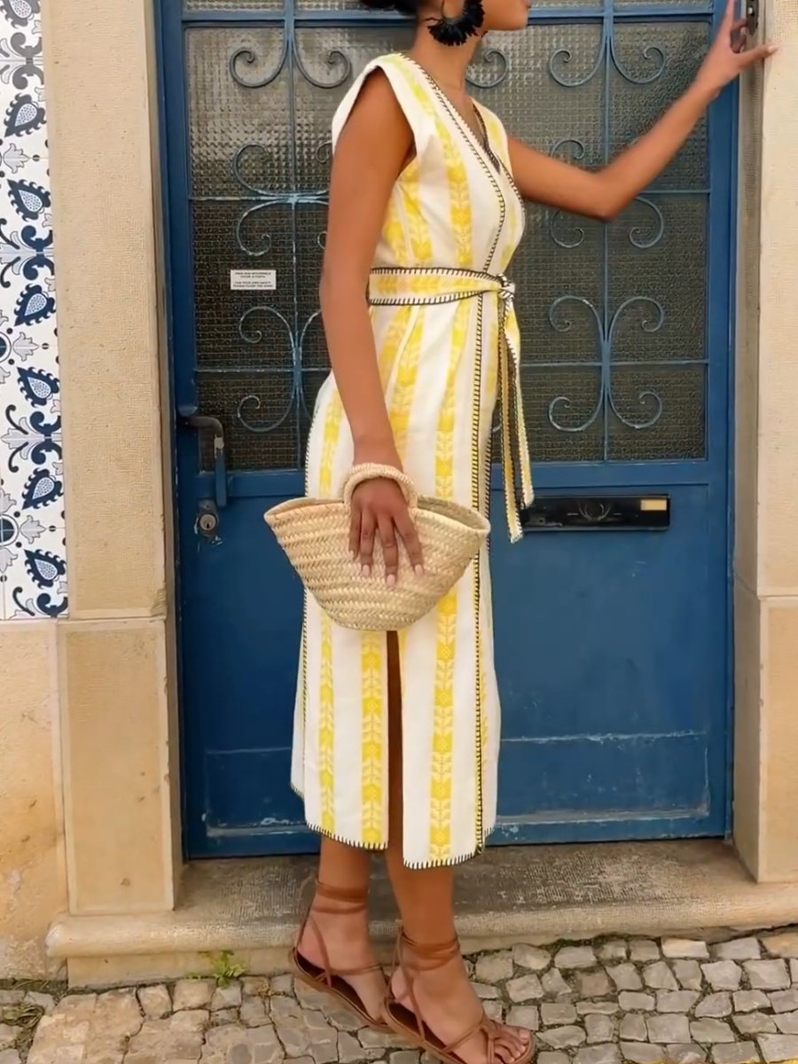 V-neck Tie Yellow Striped Dress