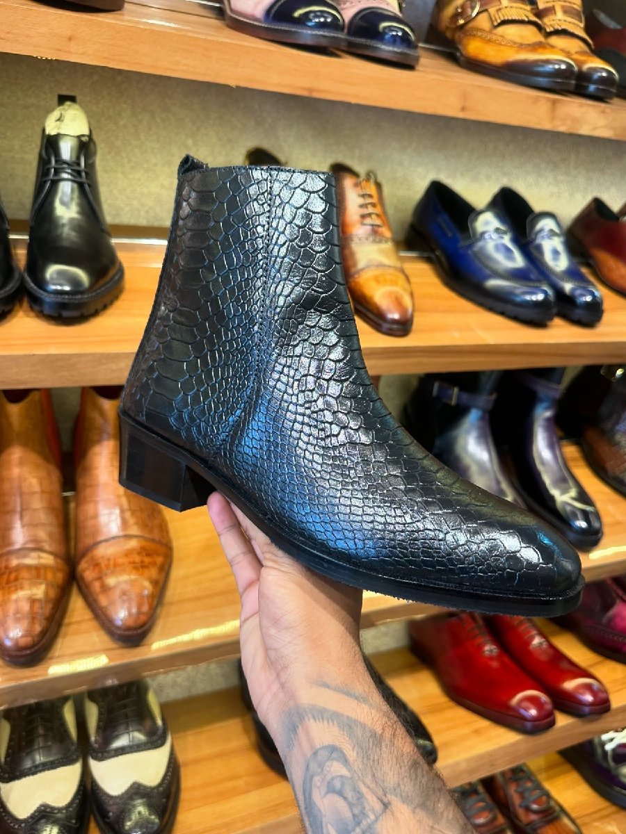 A Cuban Heel Chelsea Boot In Black Snake Pattern Shoes
