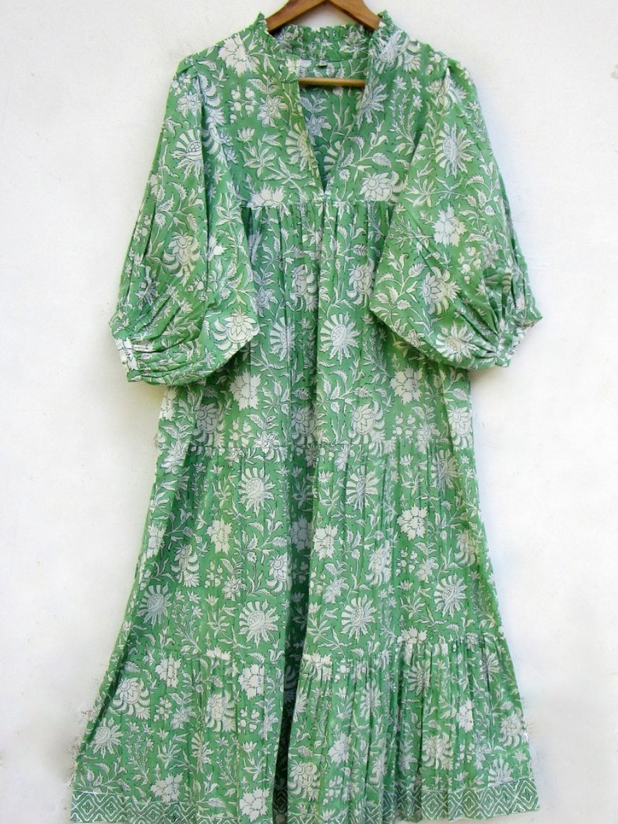 Green Floral Printed Cotton Long Maxi Dress