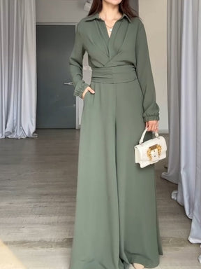 Solid Color Lapel Waist Slim Wide Leg Jumpsuit