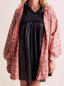 Raw Edge Lantern Sleeve Loose Button Plaid Shirt