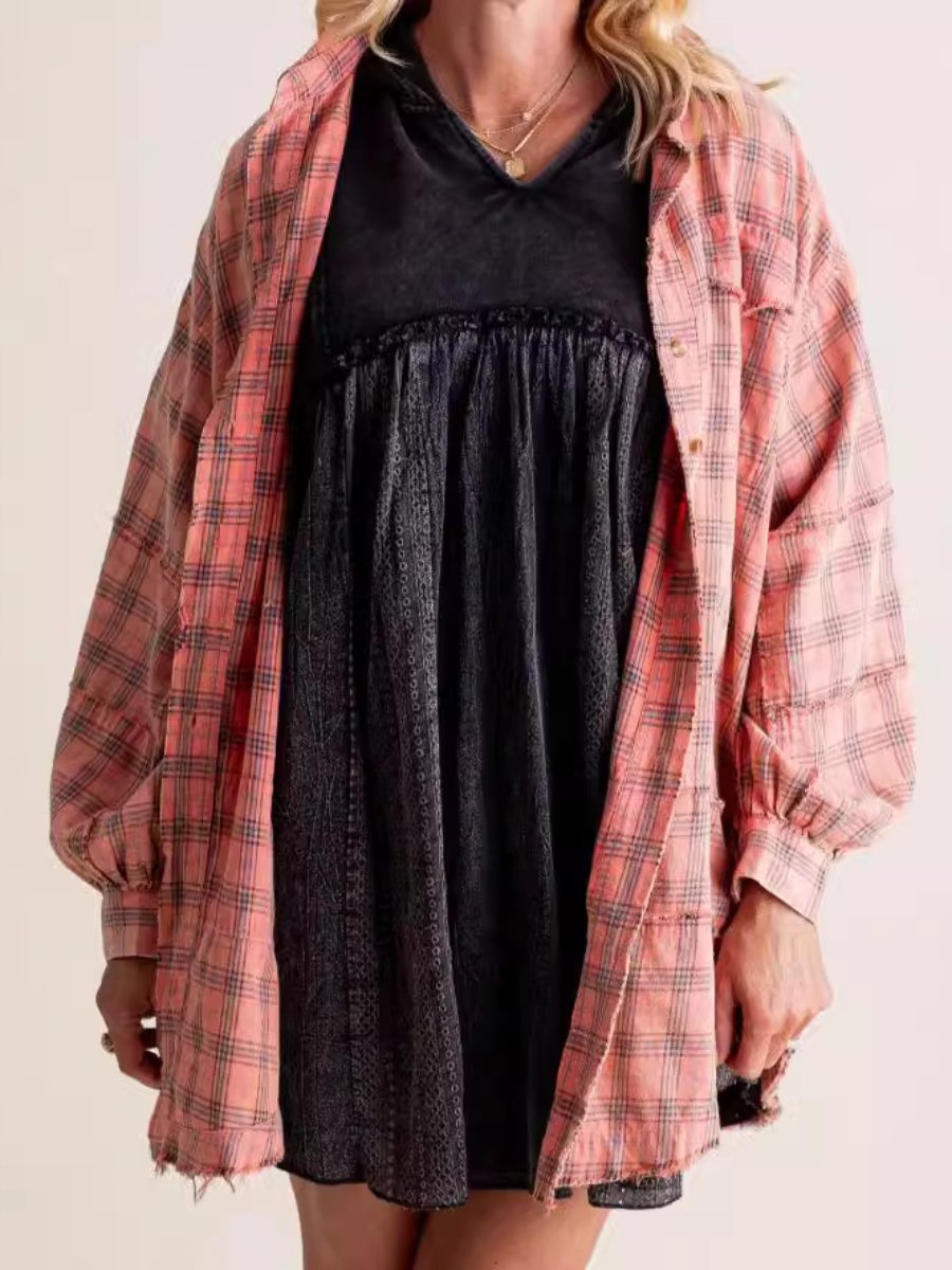 Raw Edge Lantern Sleeve Loose Button Plaid Shirt