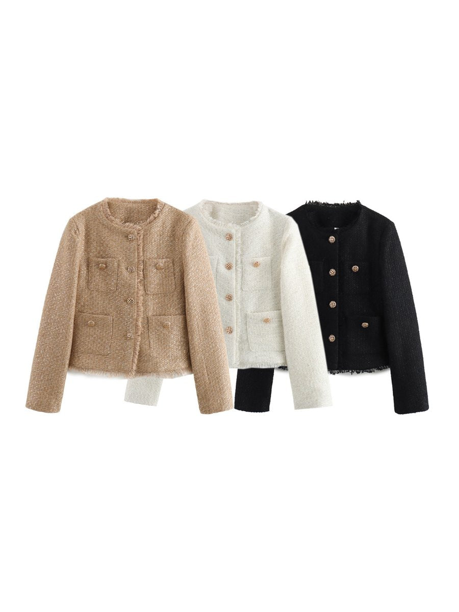 Metal Button Pocket Woolen Short Outer single-breasted Top