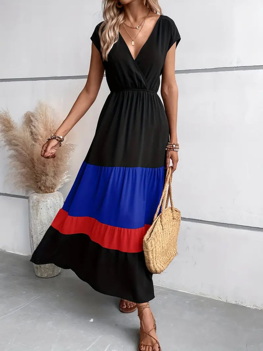 Colorblock Pleated V-Neck Dress