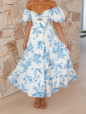 Printed puff sleeve high-end dress