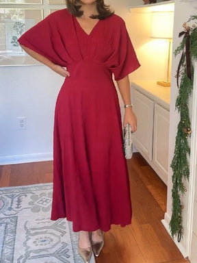 V Neck Half Sleeve Ruched Cocktail Evening A Line Long Dress