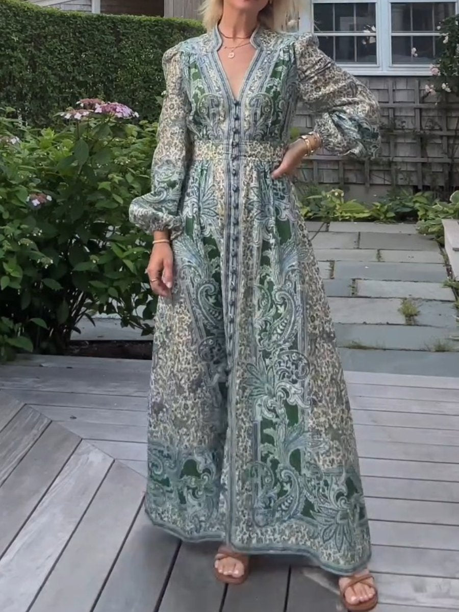 Women's Green Floral Print Maxi Dress