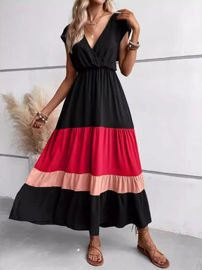 Colorblock Pleated V-Neck Dress