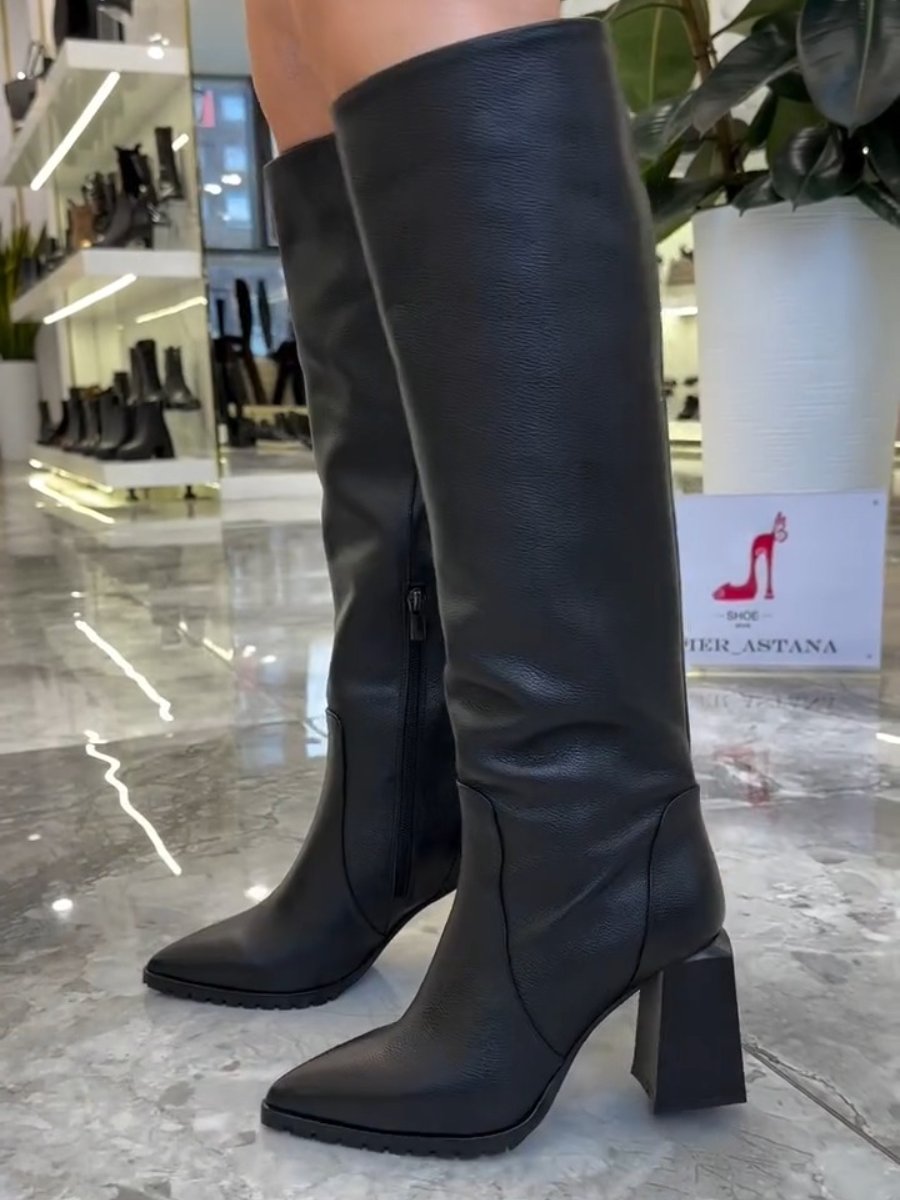 Fashionable and Versatile Cowhide Boots Thick Heel Leather Boots Side Zipper High Boots