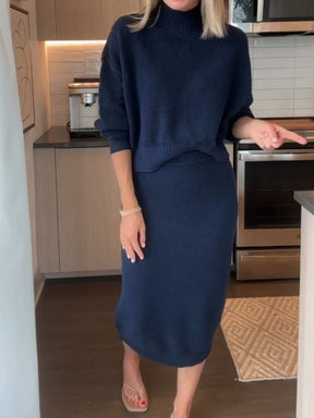 Long Sleeve Mock Neck Top Pencil Skirt 2-Piece Set