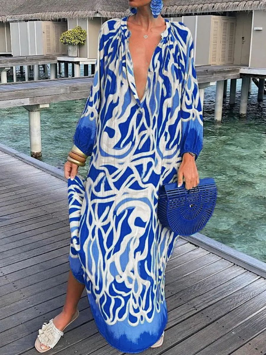 Printed Long Sleeve V-neck Dress