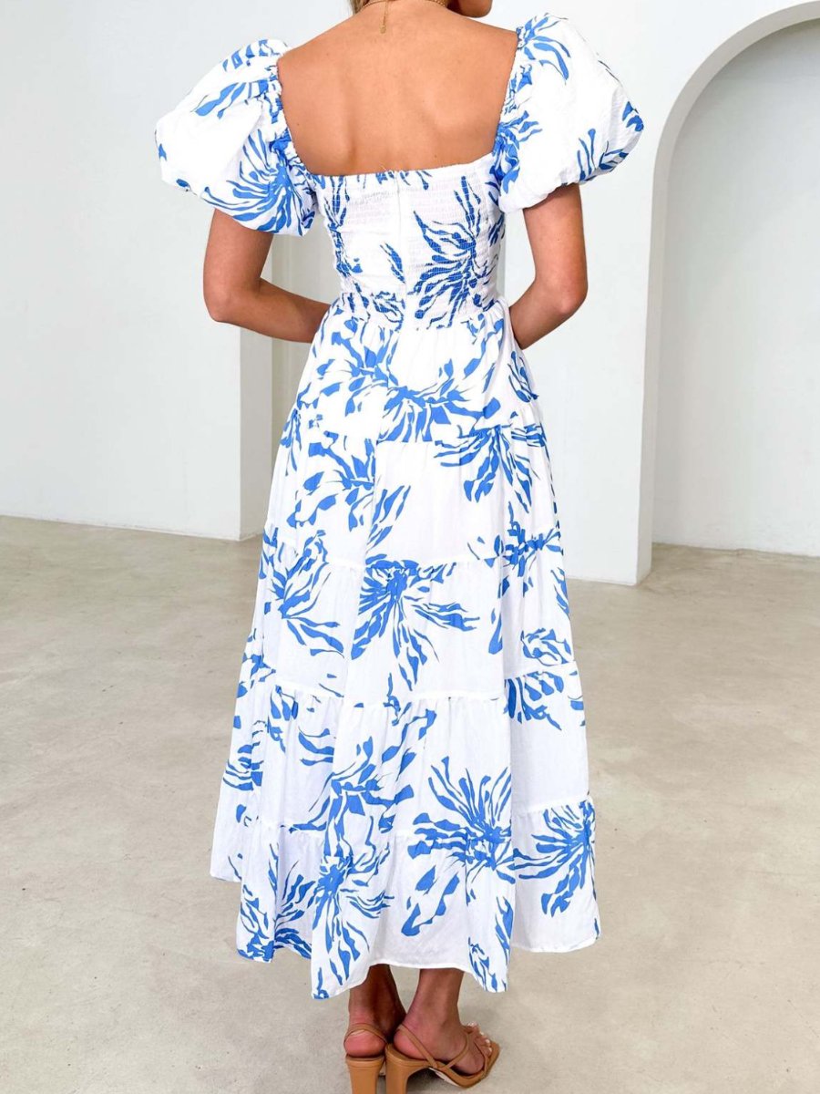 Printed puff sleeve high-end dress