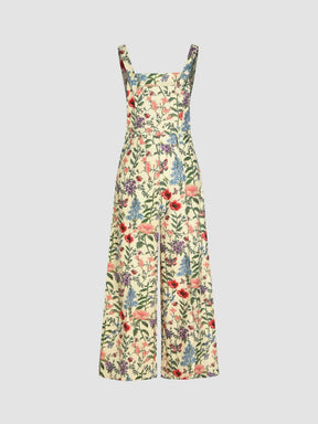 Corduroy Floral Button Wide-leg Jumpsuit